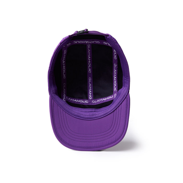 Purple athletic 5-panel hat featuring a structured design and a logo-lined interior for a stylish look.