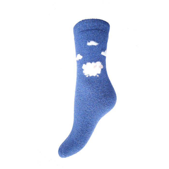 Blue fluffy sheep and clouds wool blend socks