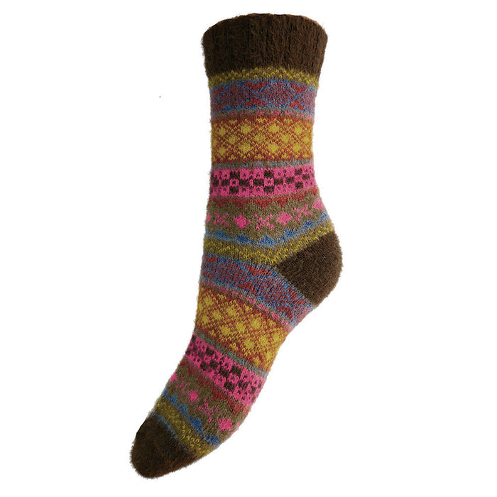 Brown, yellow and pink Scandi patterned soft Cosy socks