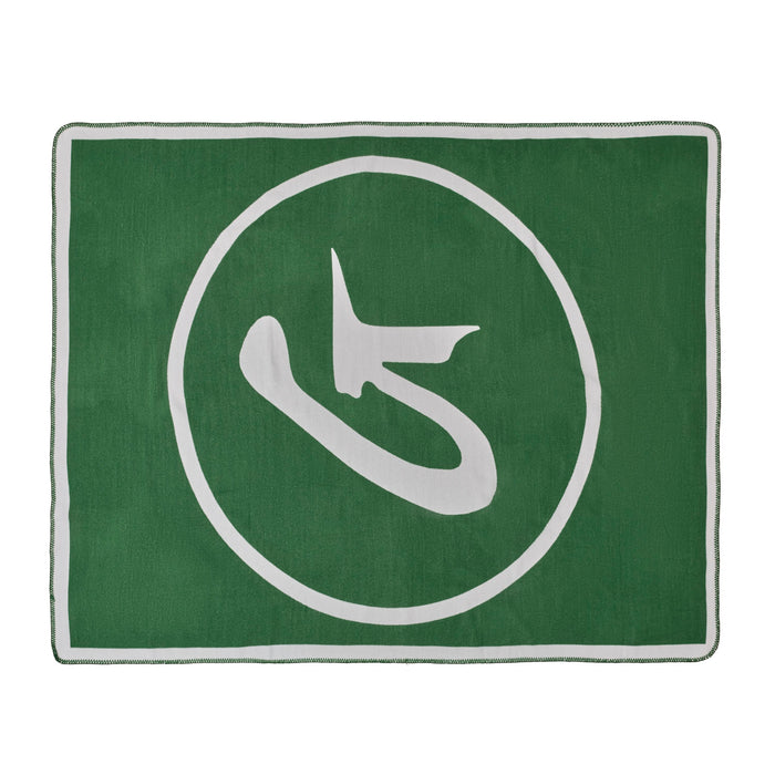 Classic green throw blanket featuring a large white logo design, perfect for adding style to any living space.