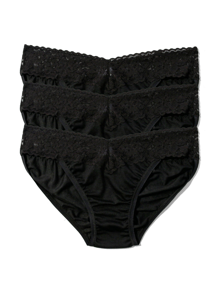 Black DreamEase™ V-kini 3 Pack, Tencel Modal bikini panties with lace waistband - Flat Lay | Hanky Panky