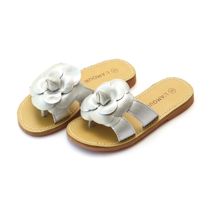 Florence Silver Double Strap Flower Thong Sandal - L'Amour Shoes