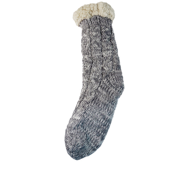 Gray knitted slipper sock with white fleece interior and cuff on a white background