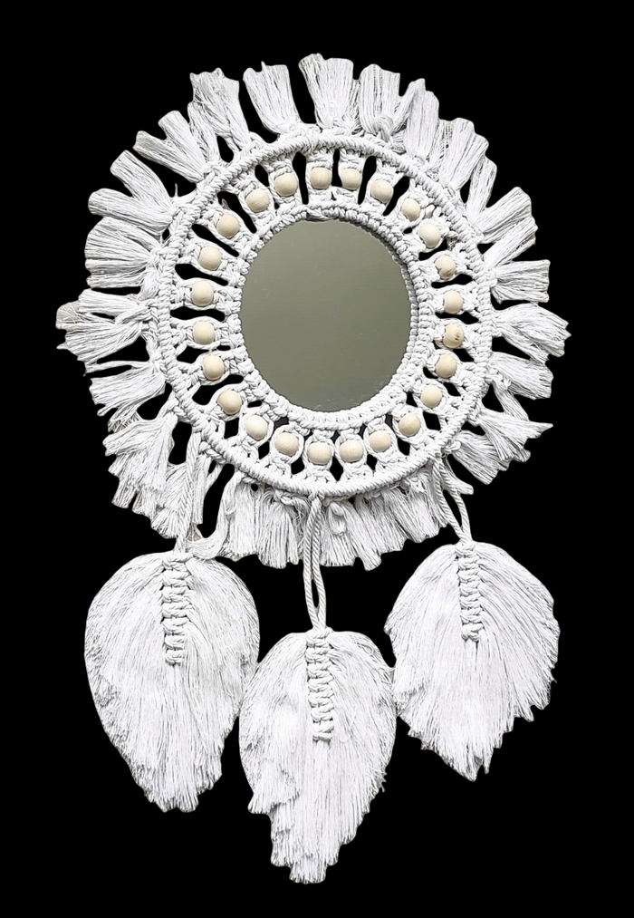Home Decor - Boho Handmade Wall Mirror with Wooden Beads and Leaf Tassels.
