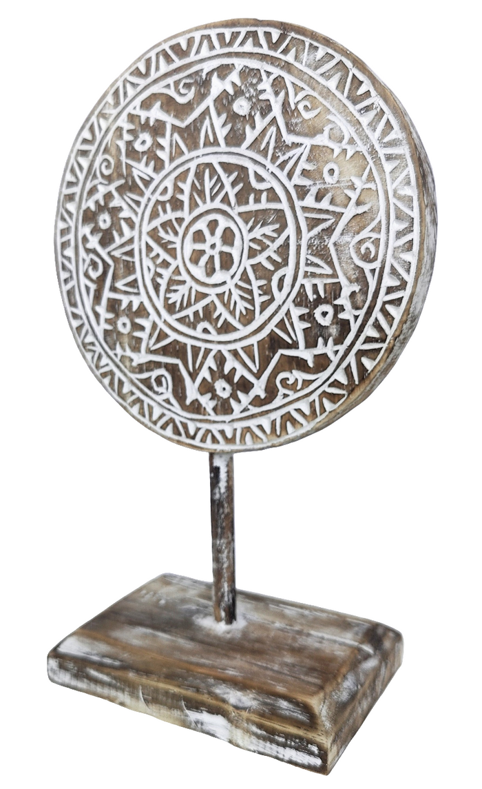 Home Decor: Tabletop Showpiece. Carved Wooden Disc Tribal Design Decor On Stand.