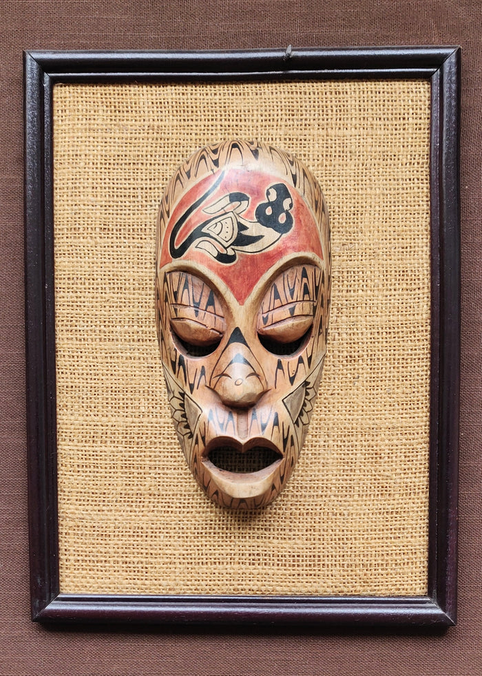 Home Decor: Wall Art: Aboriginal wooden carved, hand painted mask mounted on a double frame.