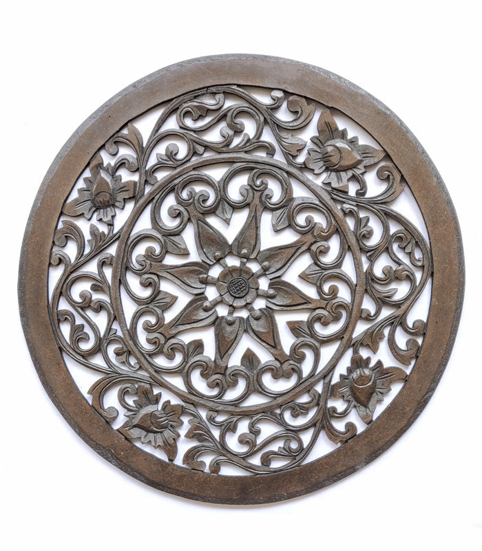 Home Decor. Wall Art. Floral Round Relief Panel Carving, "Royal Flower". Dia 20 ".