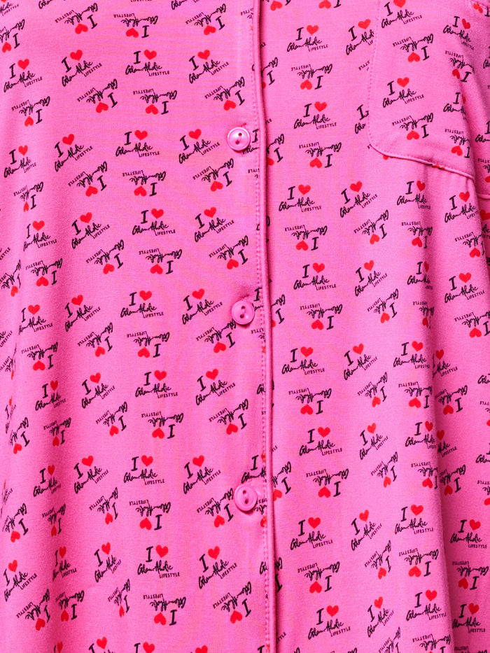Hot pink long pajamas featuring a playful "I Love Gal" print, perfect for stylish comfort at home.