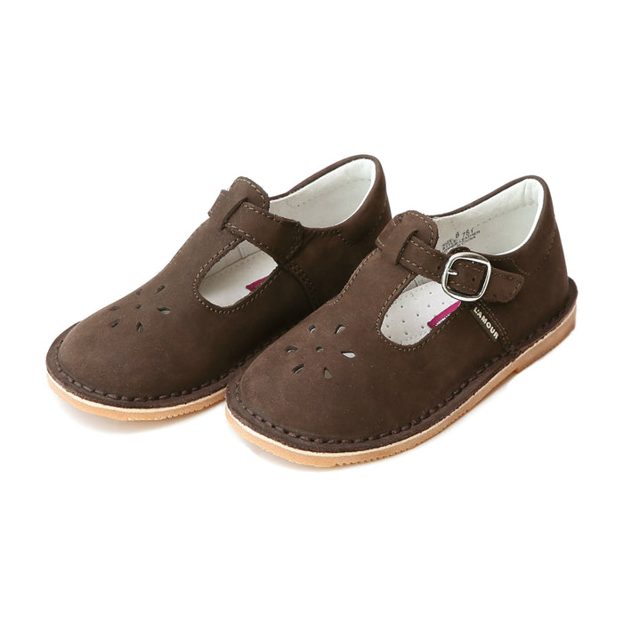 Joy Classic Nubuck Brown Leather Stitch Down T-Strap Mary Jane - L'Amour Shoes