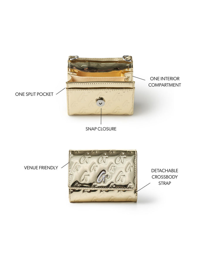 Metallic gold compact wallet on chain featuring a snap closure, split pocket, and detachable crossbody strap.