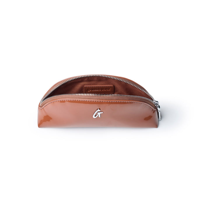Mini mirror pouch in mirror brown with a sleek design and silver zipper, perfect for storing small essentials.