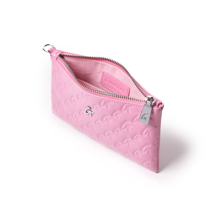Mini Monogram silver wristlet in mirror pink with embossed G pattern, silver zipper, and logo charm.