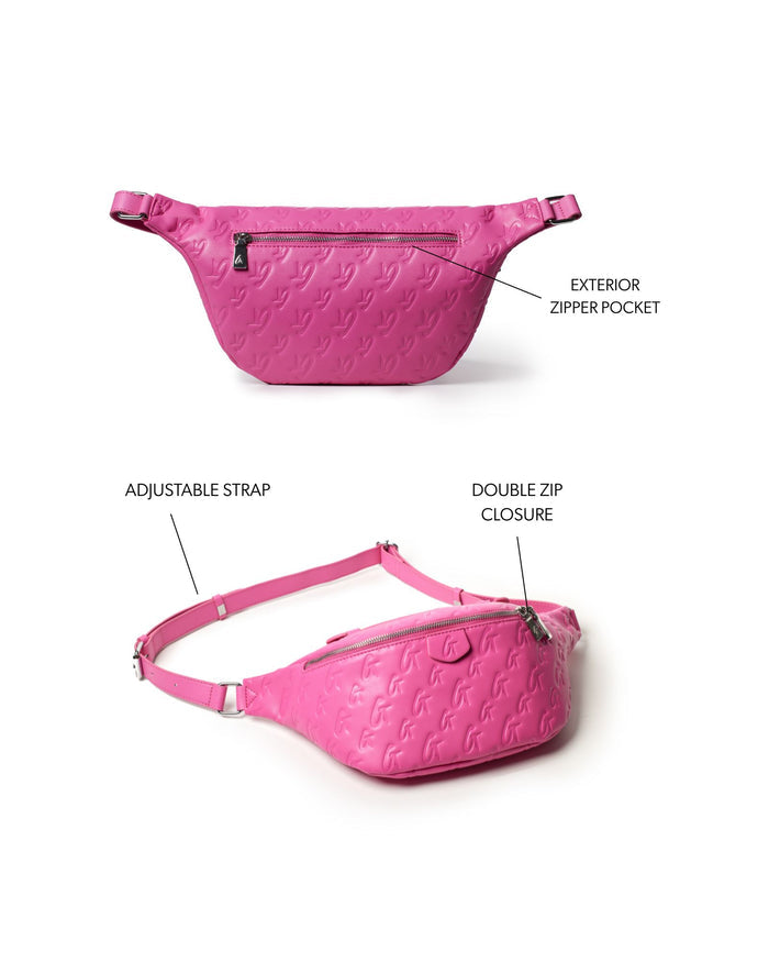 Hot pink monogram fanny pack featuring an adjustable strap and double zip closure with an exterior zipper pocket.