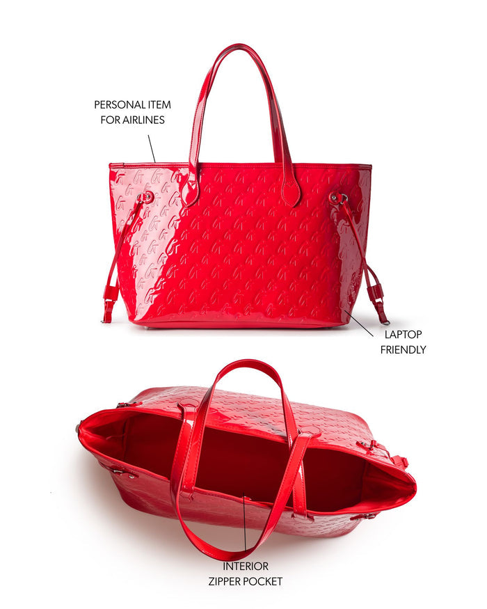 Shiny red monogram tote bag with dual handles, laptop-friendly design, and interior zipper pocket.