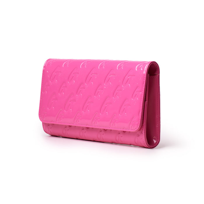 Mirror hot pink Monogram travel wallet with embossed logo pattern, glossy finish, and sleek design.