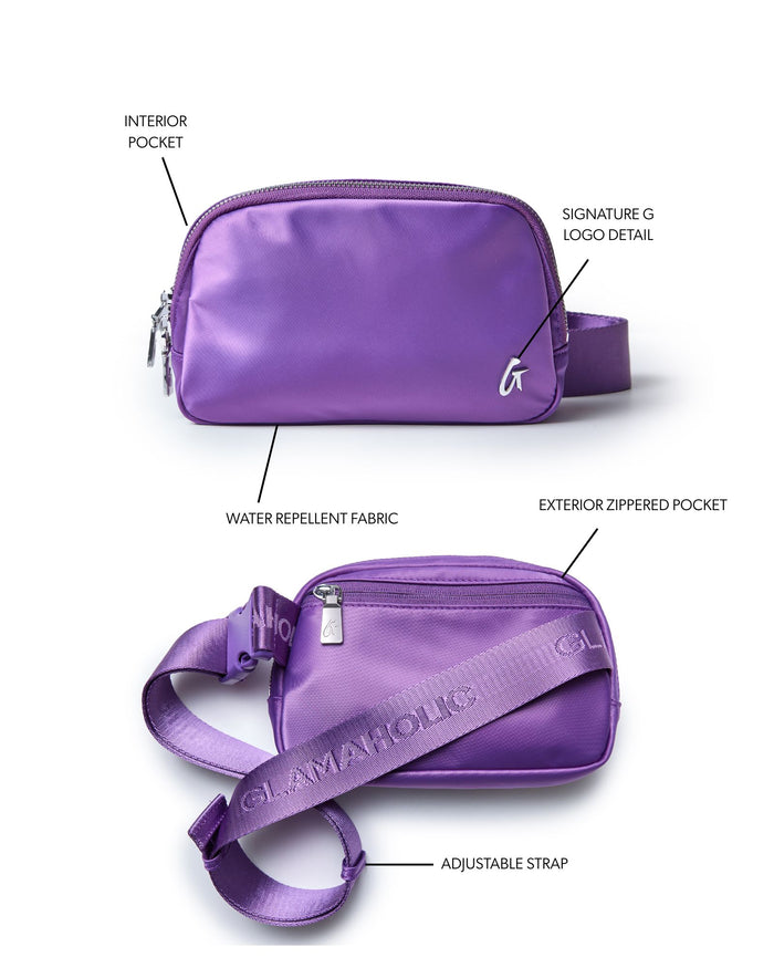 Purple nylon fanny pack featuring a signature logo, adjustable strap, and exterior zippered pocket. Ideal for stylish convenience.