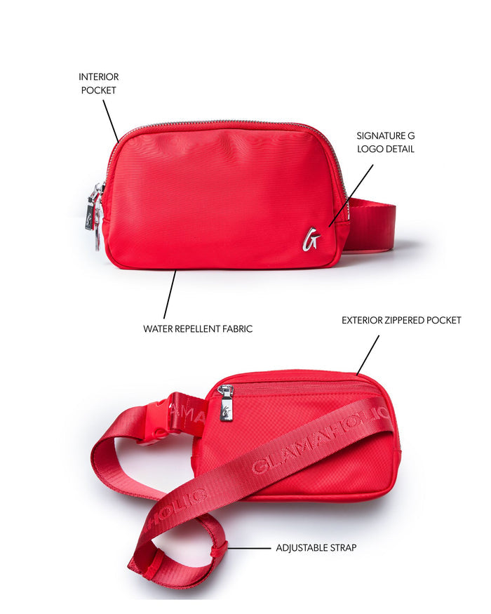 Red nylon fanny pack featuring an adjustable strap, exterior zippered pocket, and interior pocket for organization.