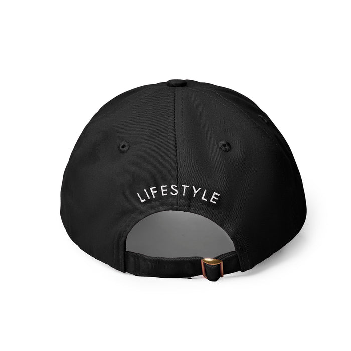 Black dad hat featuring the word "LIFESTYLE" embroidered on the back, designed for casual, stylish wear.