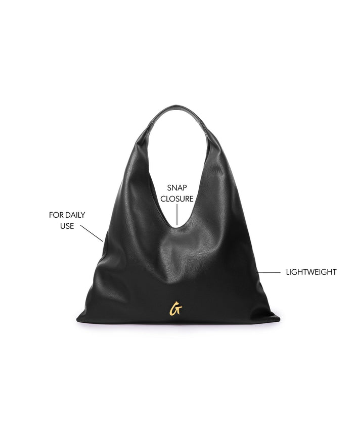 Lightweight black pebble hobo shoulder bag with snap closure, ideal for daily use and stylish versatility.