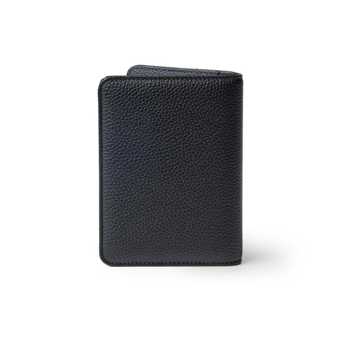 Black Pebble Passport Holder with textured leather surface, compact design, and stitched edges.