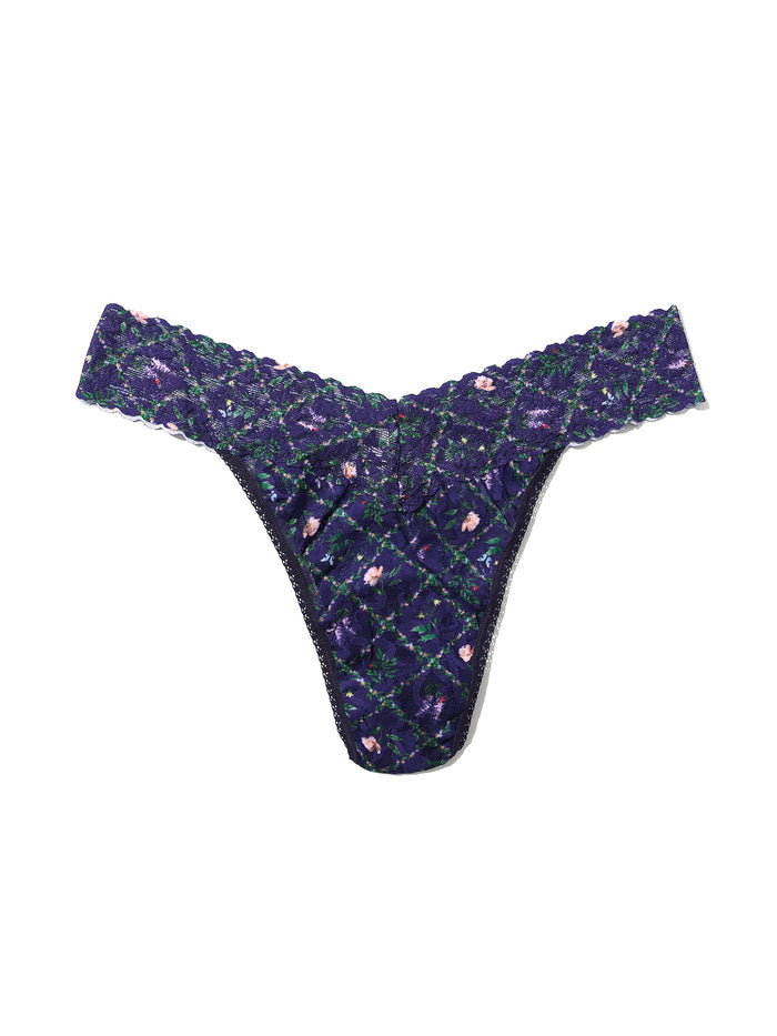 Navy Floral Printed Signature Lace® Original Rise Thong Everlasting - Flat Lay Front Detail | Hanky Panky