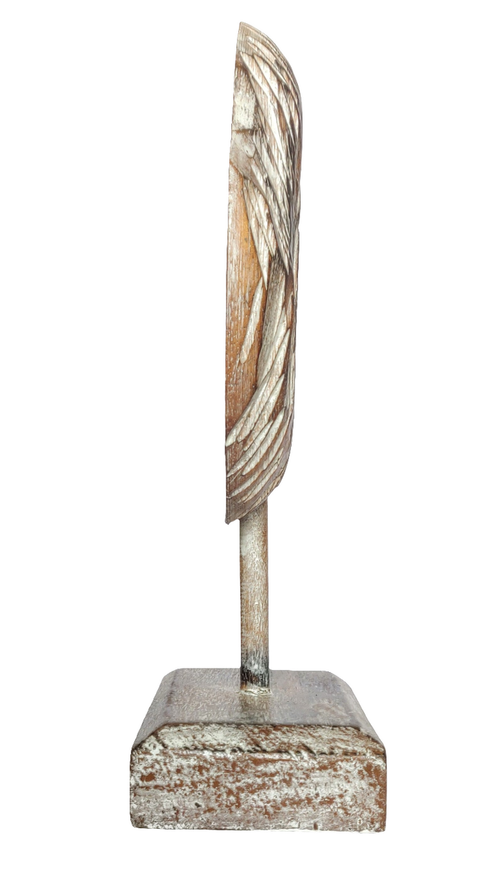 Table Decoration. Decorative hand carved wooden floral disc on stand.