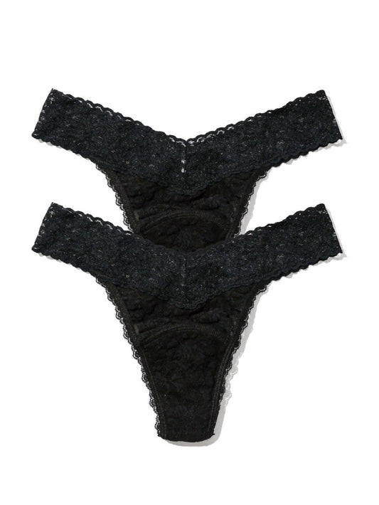 Black Signature Lace® Leakproof Original Rise Thong 2-Pack - Flat Lay, Scalloped Edge Detail | Hanky Panky