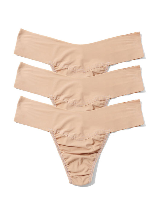 Taupe BreatheSoft™ Natural Rise Thong 3 Pack - Flat Lay, Seamless Microfiber | Hanky Panky
