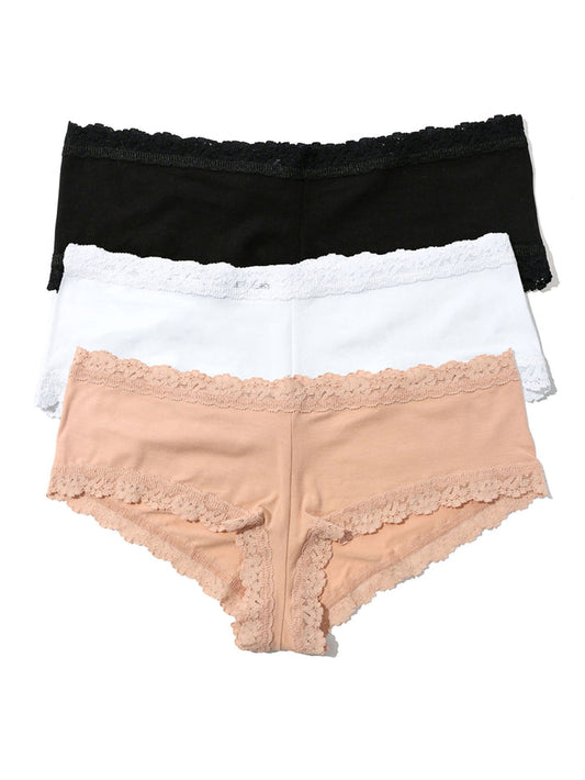 Black, White & Chai Cotton Boyshort 3-Pack with Lace Trim - Flat Lay | Hanky Panky