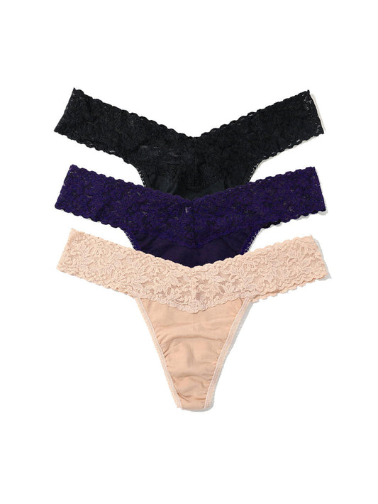 3-Pack Supima Cotton Original Rise Thongs in Black, Purple & Blush - Flat Lay | Hanky Panky