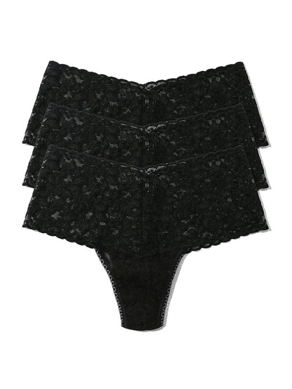Black Retro Lace High Rise Thong 3-Pack - Flat Lay, Wide Waistband Detail | Hanky Panky