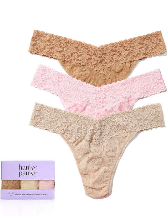 Signature Lace® Original Rise Thongs 3-Pack in Suntan, Blushing Rose & Chai - Flat Lay with Gift Box | Hanky Panky