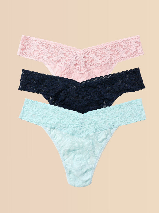 Blushing Rose, Navy & Celeste Signature Lace® Thong 3-Pack - Flat Lay | Hanky Panky