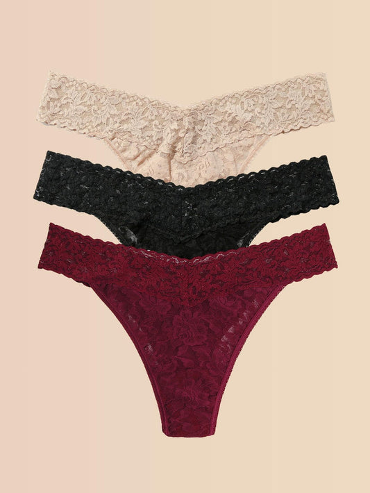 Chai, Black & Dark Pomegranate Signature Lace® Original Rise Thong 3-Pack - Flat Lay | Hanky Panky