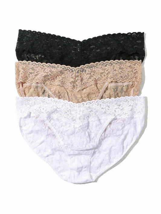 3 Pack Signature Lace® V-kini in Black, Chai & White - Flat Lay | Hanky Panky