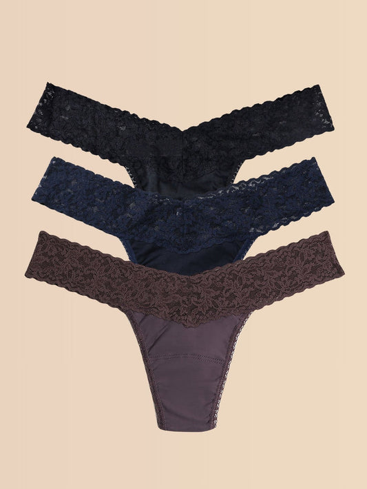 Black, Navy & Dusk Supima Cotton Lace Low Rise Thongs 3-Pack - Flat Lay | Hanky Panky