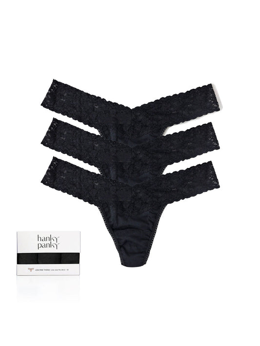 Black Supima® Cotton Low Rise Thong 3-Pack with Lace Waistband - Flat Lay with Gift Box | Hanky Panky