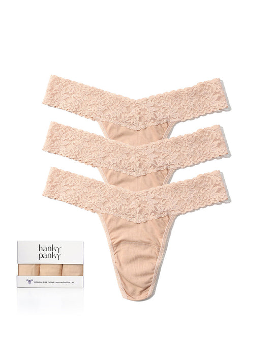 Chai Supima® Cotton Original Rise Thong 3-Pack Flat Lay with Gift Box | Hanky Panky