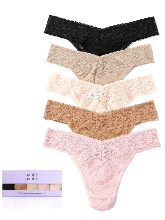 5-Pack Signature Lace® Low Rise Thongs in Black, Nude & Pink - Flat Lay with Gift Box | Hanky Panky