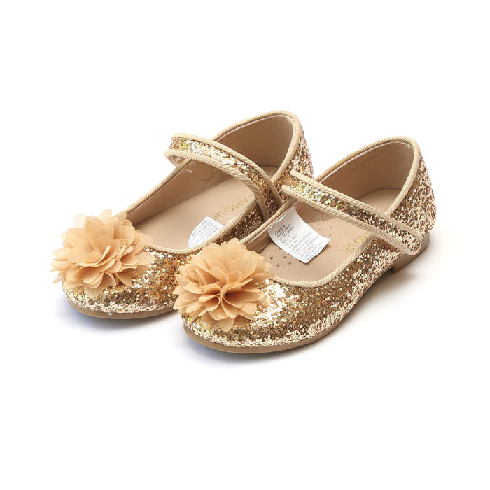 Alice Gold Sparkly Glitter Flower Flat - L'Amour Flats