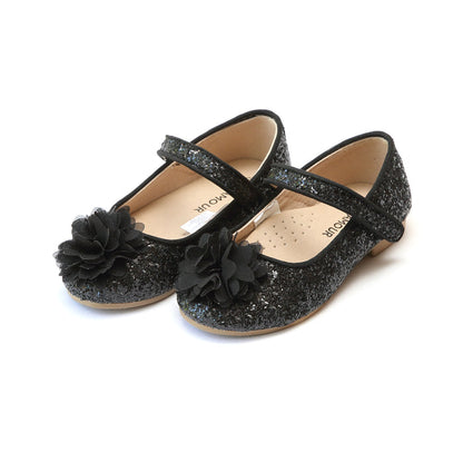 Alice Black Sparkly Glitter Flower Flat - L'Amour Flats