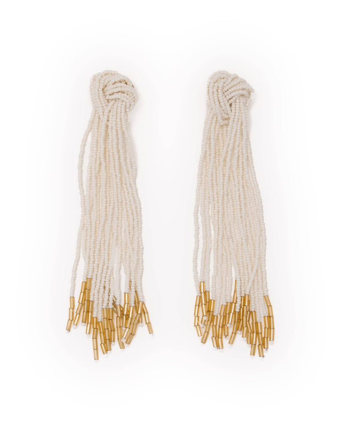 Angelica Tied Knot Beaded Fringe Earrings Ivory