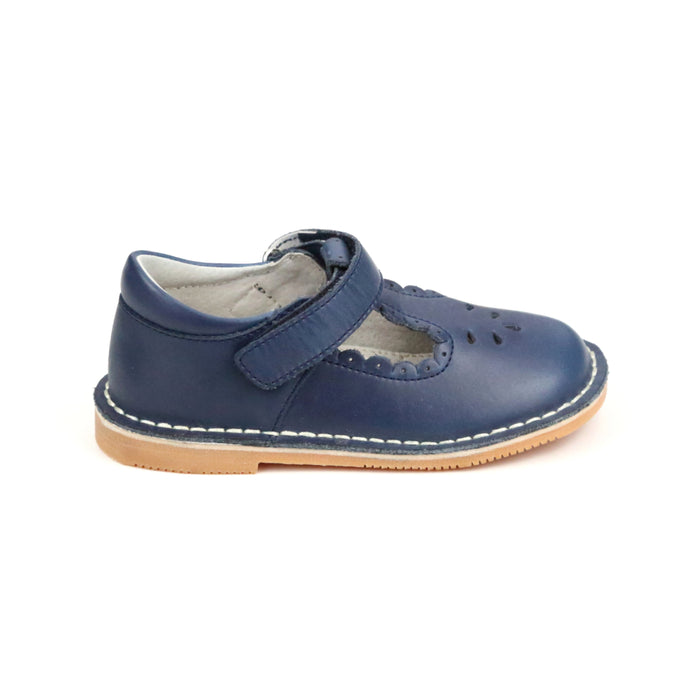 Toddler Girl's Angie Scalloped Navy T-Strap Mary Jane Flat - L'Amour Shoes