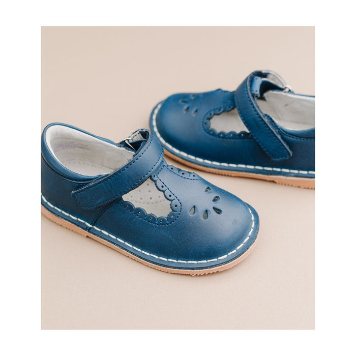 Toddler Girl's Angie Scalloped Navy T-Strap Mary Jane Flat - L'Amour Shoes