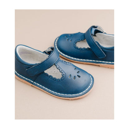 Toddler Girl's Angie Scalloped Navy T-Strap Mary Jane Flat - L'Amour Shoes