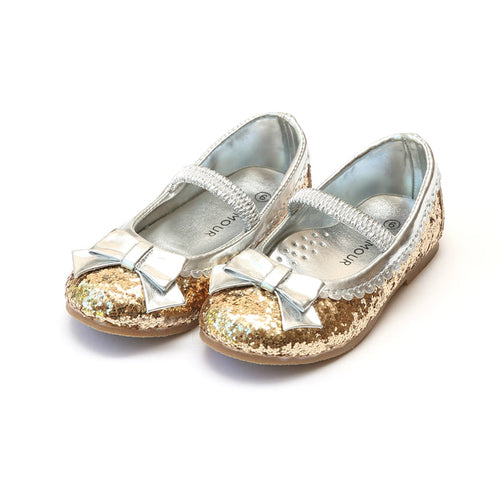Ariel Gold Glitter Bow Elastic Strap Flat - L'Amour Flats