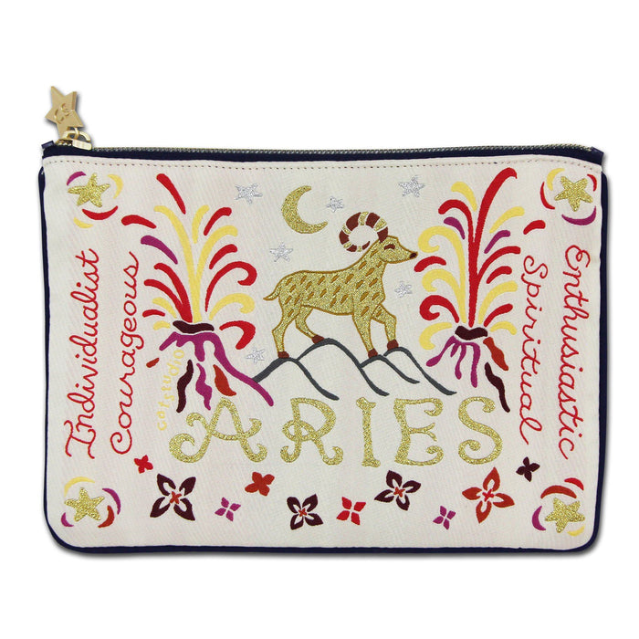 Aries embellished pouch with gold details and gold star zipper displayed against a white background
