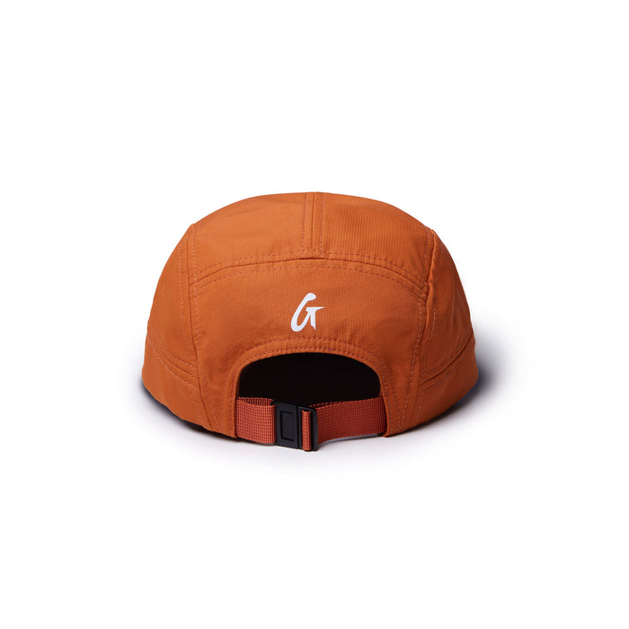 Brown athletic 5 panel hat featuring a sleek design and adjustable back strap for a comfortable fit.