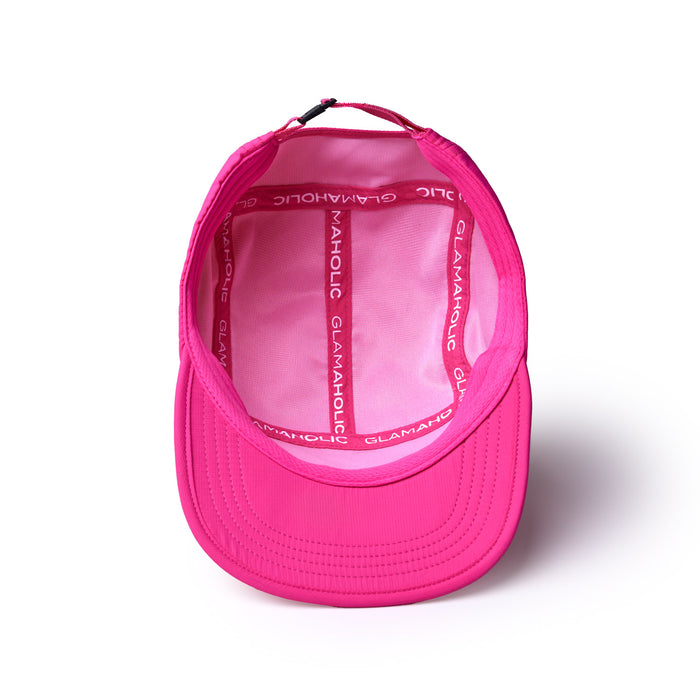 Hot pink athletic 5-panel hat featuring a breathable interior and adjustable strap for a comfortable fit.