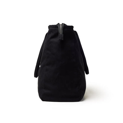 Black athletic canvas tote bag with a zip closure and sturdy handles, ideal for workouts or everyday use.